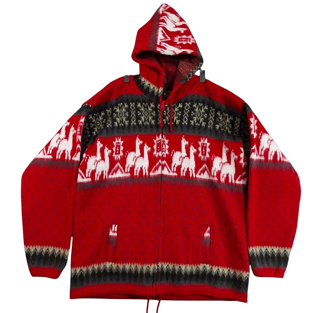 Tejidos Ruminahui Llama Hoodie Sweater Mens Large Red Andean Boho Zip Up Wool